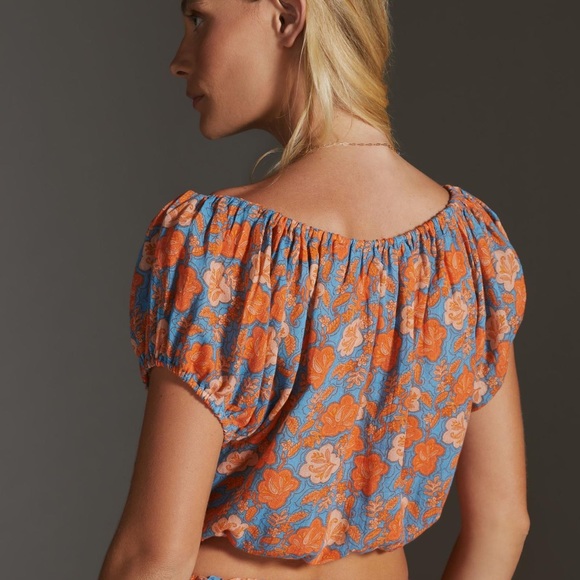 ✨ Anthropologie Floral Puff Sleeve Top Sz L - Picture 4 of 5